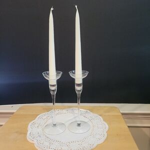 Vintage Clear Glass Unpretentious Pair of Candlesticks w/ Candles